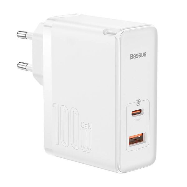 Baseus GaN5 Pro USB-C + USB wall charger, 100W  + 1m cable (white) 6932172608965