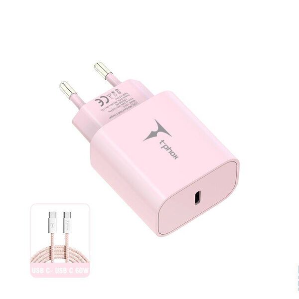 Wall Charger 20W USB-C + Cable 60W USB-C - USB-C T-PHOX Moderate Series T-PP11 pink 6974670443280