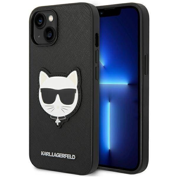 Original Case IPHONE 14 PLUS Karl Lagerfeld Hardcase Saffiano Choupette Head Patch black 3666339076962