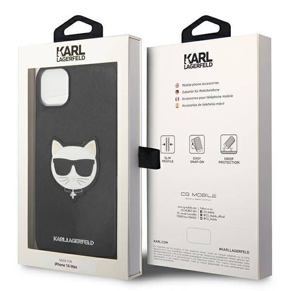 Original Case IPHONE 14 PLUS Karl Lagerfeld Hardcase Saffiano Choupette Head Patch black 3666339076962