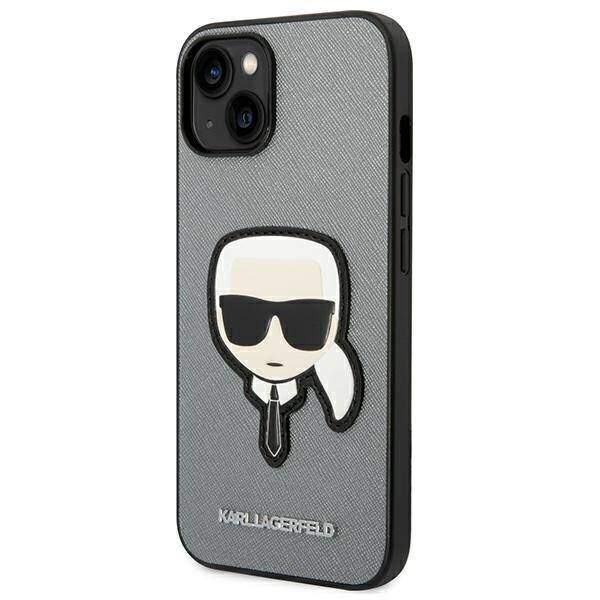 Original Case IPHONE 14 PLUS Karl Lagerfeld Hardcase Saffiano Karl`s Head Patch silver 3666339077082