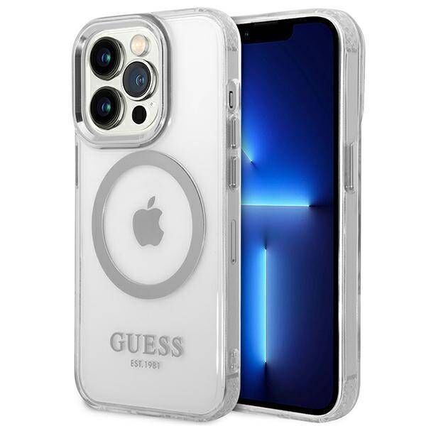 Original Case IPHONE 14 PRO Guess Hard Case Metal Outline Magsafe (GUHMP14LHTRMS) silver 3666339069841