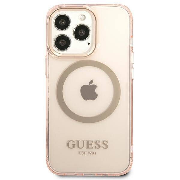 Original Case IPHONE 13 PRO MAX Guess Hard Case Gold Outline Translucent MagSafe (GUHMP13XHTCMP) pink 3666339057121