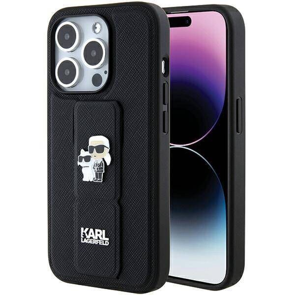 Original Case APPLE IPHONE 15 PRO MAX Karl Lagerfeld Hardcase Gripstand Saffiano Karl&Choupette Pins (KLHCP15XGSAKCPK) black 3666339206901