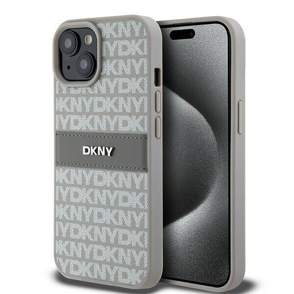 Original Case IPHONE 15 PLUS / 14 PLUS DKNY Hardcase Leather Mono Stripe & Metal Logo (DKHCP15MPRTHSLE) beige 3666339260545