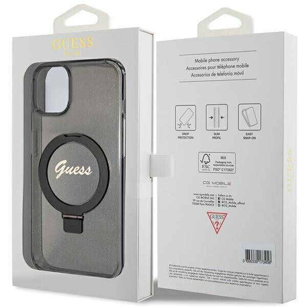 Original Case APPLE IPHONE 15 Guess Hardcase Ring Stand Script Glitter MagSafe (GUHMP15SHRSGSK) black 3666339156329