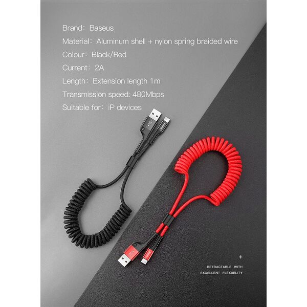 Baseus Spring-loaded cable Lightning 1m 2A (black) 6953156277397