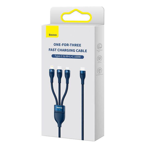 3in1 USB cable Baseus Flash Series 2, USB-C + micro USB + Lightning, 100W, 1.5m (blue) 6932172608781