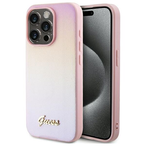 Guess Saffiano Iridescent Script case for iPhone 14 Pro - pink