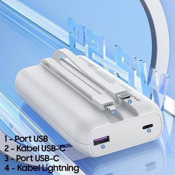 Powerbank 20000mAh 22.5W Display + PD/iPhone Cables Lightning AWEI (P169K) black 6954284002455