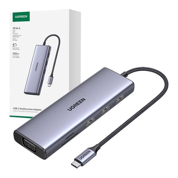 USB-C Hub Ugreen CM498, 3x USB 3.0, HDMI 4k 30Hz, VGA, RJ45, SD/TF, PD 100W (gray) 6941876216000